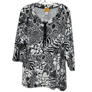 Ruby Rd Womens 1X Top Shirt Artsy 3/4 Sleeve Tie Neck Knit Black White Knit